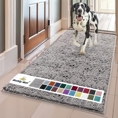 Muddy Mat® | Super Water Absorbent Door Mat Indoor, Microfiber Quick Dry Chenille Entryway Rug, Slip Resistant Front Door Mat, Indoor Mats for Entryway, Machine Washable Pet Rug, Grey 60x24