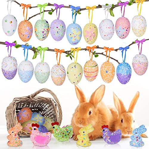 FORMIZON 24 Piezas Huevos de Pascua, Huevos Colgantes 3 Estilo con Cuerda, Manualidades de Pascua Huevos Sorpresa, Decoración de Pascua Huevo para Colgar para Decoración y Regalo