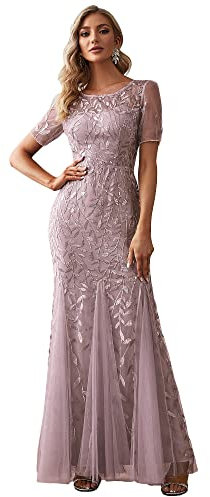 Ever-Pretty Robe de Soirée Sirène Femme Longue Manche Courte Paillettes Tulle Lilas 38
