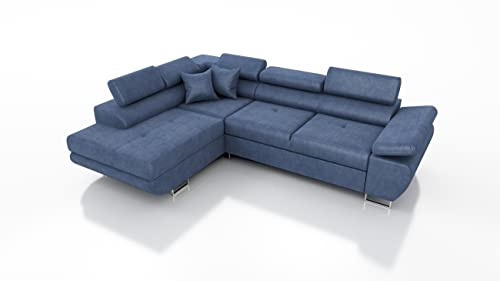 Robin Inspire Saturn Kingston Ecksofa mit Schlaffunktion L-Form Links Blau | L-Form Schlafsofa mit Bettkasten, verstellbare Kopfstützen, Kissen, Wohnlandschaft, Kingston Stoff, freistehende Eckcouch