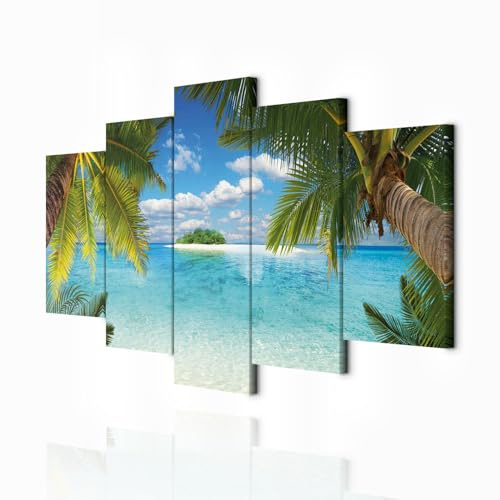 decomonkey Bilder Landschaft Meer 150x75 cm 5 Teilig Leinwandbilder Strand | Bild auf Leinwand, Wandbild, Kunstdruck, Wanddeko, Wohnzimmer, Wanddekoration, Insel, Palmen