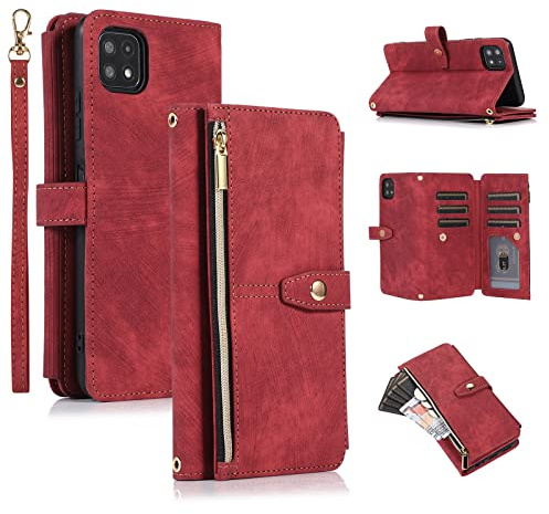 UEEBAI Étui pour Samsung Galaxy A22 5G, Portefeuille Cuir PU Rétro Rabat Antichoc Housse avec Dragonne Fentes Cartes Fonction Support Fermeture Magnétique - Vintage Rouge