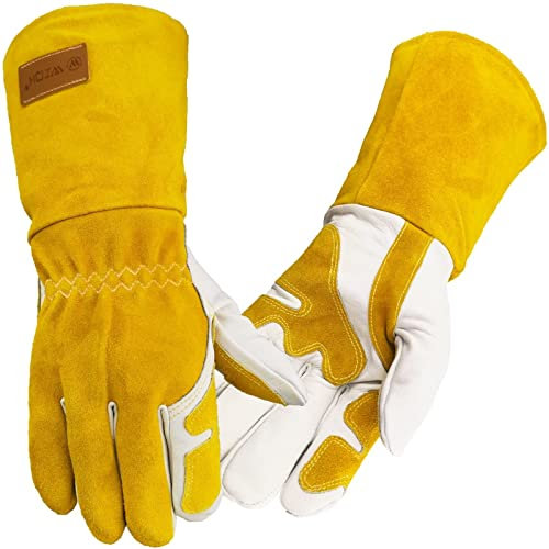WZQH Gant Cuir De Soudure Homme Femme,Paumes Des Mains Renforcée & Pouces & Index,Gants De Travail Pour Jardinage, Barbecue, Grill, Four, Cheminée, Cuisine,Electricien,14 Pouces,Jaune et Blanc,L