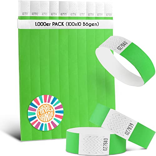 FARBEN BANDE® 1000 Einlassbänder Neon Grün/Eintrittsbänder 19mm aus Tyvek/Party Bändchen reißfest, wasserdicht und nummeriert/farbige Partybänder/Einlassbändchen für Party, Festival & Feste
