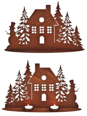 Winterlicher Teelichthalter Winterdorf mit Haus, Schneemann & Tannenbäumen aus Metall – Edel-Rost-Optik – für 2 Teelichter- Weihnachtsdeko Winter-Deko Advent