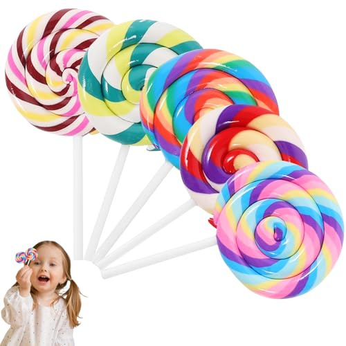 Gadpiparty 5 Stück Simulation Lutscher Groß - Bunte Regenbogen Lollipop aus Polymer Clay - Künstliche Wirbel Süßigkeiten für DIY Handwerk Scrapbooking & Handyhüllen Dekoration