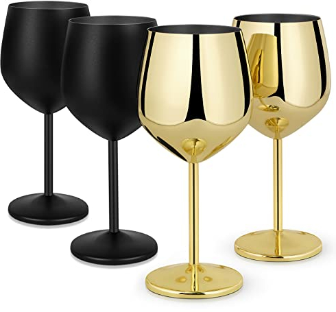 Lifecapido Edelstahl Weingläser 4er Set, 530 ml Edelstahl Weinkelche, Metall Weingläser mit Tassenbürste für Party Büro Hochzeit Jahrestag, ideal für Rotwein, Gold und Schwarz