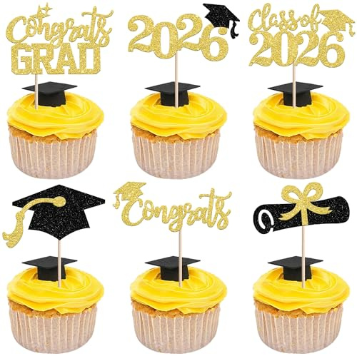 Xsstarmi 24 Pack 2026 Gold Glitte Graduation Cupcake Toppers Congrats Grad Class of 2026 Cap Diploma Cupcake Picks for 2026 Graduation Theme Party Cake Decorations Supplies