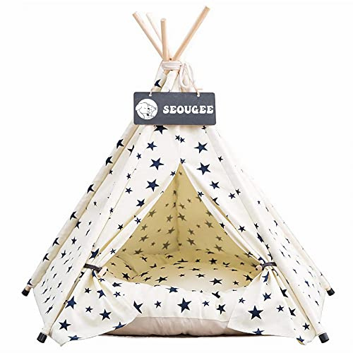 SEOUGEE Tienda de campaña tipi para perros y gatos, lavable y extraíble, cama para perros y gatos de lona de algodón con cojín, interior y exterior, caseta para mascotas y casa de juegos, portátil y