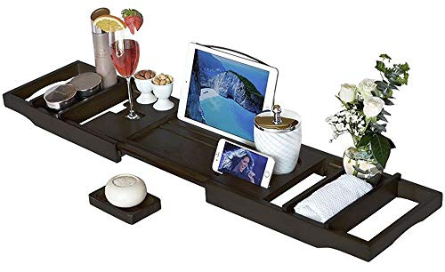 NISMIA Weinregal Wandmontage Bambus-Badewannen-Caddy Badewannenablage Mit Ausziehbaren Seiten Eingebauter Buch-Tablet-Halter Handyablage & Integrierter Weinglashalter Und Andere Zubehörplatzierung