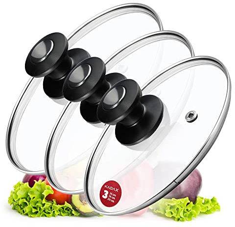 KADAX Lot de couvercles de casserole universels en verre avec poignée, résistants à la chaleur, différentes tailles, couvercle en verre pour casserole (16 + 18 + 20 cm, poignée noire et argentée)