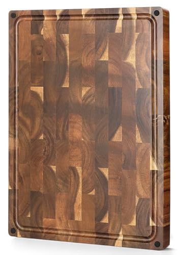 XINZUO Large Thick End Grain Acacia Wood Cutting Board- (19''L x 14''W x 1.5''T) Reversible Wooden Chopping Board with Non-Slip Feet, Built-in Handles and Juice Groove- Butcher Block Cutting Board