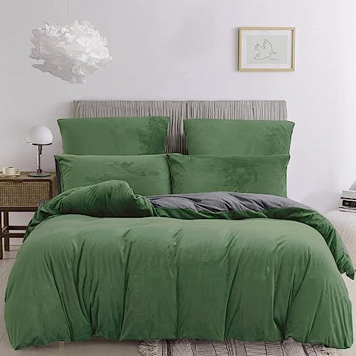 Damier Winter Plüsch Bettwäsche 135x200 Grün Dunkelgrün Grau Warm Flauschig Kuschelig Wende Bettwäsche Set Uni Einfarbig Cashmere Touch Bettwäsche 2 Teilig mit Reißverschluss und 80x80 cm Kissenbezug