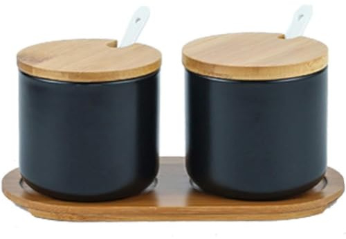 FülleMore 2er Set Zuckerdose Salzdose aus Keramik Gewürzgläser Gewürzbehälter mit Deckel,Löffel und Tablett 260ml Gewürzbox zur Aufbewahrung von Zucker,Salz,Gewürze,Kaffee,Tee (Schwarz)