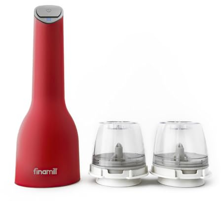 FinaMill USB Rechargeable Pepper Mill & Spice Grinder | Adjustable Coarseness, Ceramic Grinding Elements, One Touch Operation with LED Light | Includes 2 Quick-Change PRO Plus Pods | Sangria Red