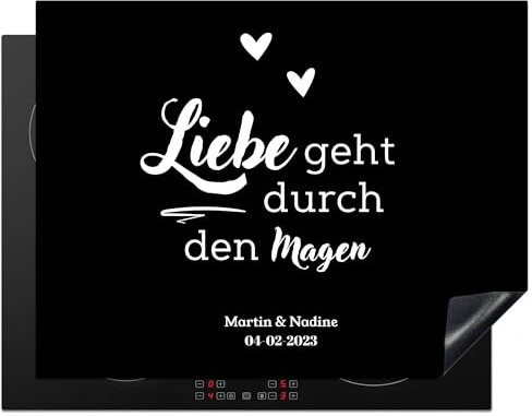 KitchenYeah© Herdabdeckplatte Personalisiert Einteilig Küche Abdeckplatte | 52L x 81B cm - für Ceranfeld Abdeckung Induktionskochfeld Aufrollbare Matte Liebe geht durch den Magen - Name - Datum - Herz