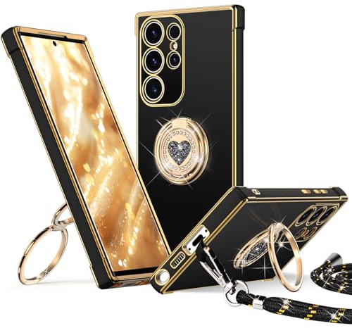 XYZ for Samsung Galaxy S22 Ultra Case with Stand, Black | Phone Case with Lanyard for Women Girls, Heart Double Ring Holder, Bling Luxury Protective Phone Case