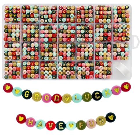 Lnvision 1400 Stück Bunte Buchstaben Perlen A bis Z und Liebe Herz Gold Alphabet Abstandshalter Zwischenperlen Schmuck DIY Basteln