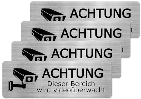 YIKIADA Videoüberwachung Schild 5 × 15 cm Aluminium Achtung Kamera Warnschild Selbstklebend Privatgrundstück Überwachung mit UV-Schutz für Lagerhäuser Geschäfte Wohnungen 4 Stück