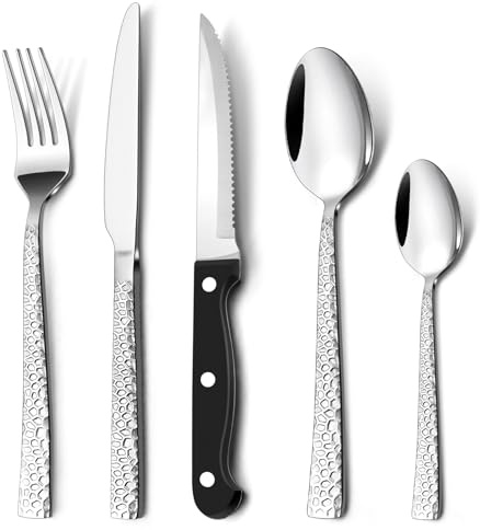Homikit 20Pcs Cutlery Set with Steak Knives, Stainless Steel Flatware for 4 | Includes 4x Steak Knives, Square Edge & Hammered Design, Healthy & Sturdy, Mirror Polished & Dishwasher Safe, Multi-Use