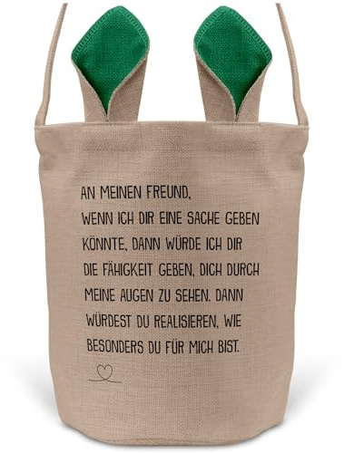 22Feels Freund Paar Osterkorb mit Henkel Ostergeschenk Tragetasche Ostern Deko Osternest Körbchen Hasenohren (Beige/Grün)