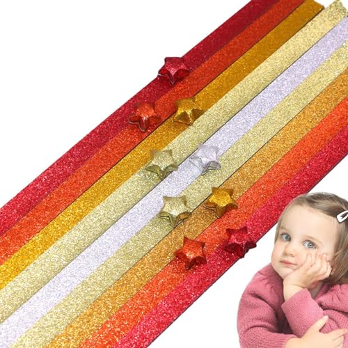 Papel de estrella que brilla en la oscuridad | 520 hojas de papel con purpurina de color degradado | Tiras de papel de estrella seguras, papel plegable para niños, manualidades