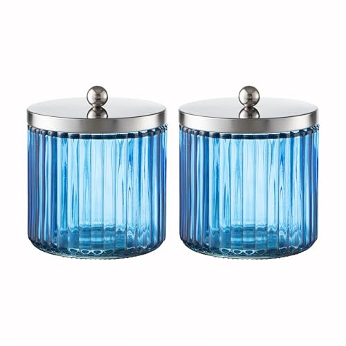 KMwares 2-Pack Glass Bathroom Jars - Blue Stripes Glass with Lids Cotton Ball, Q-Tip, Swab, and Floss Holder - Modern Organizer for Bathroom, Vanity Decorative Countertop Storage (Cobalt Blue)