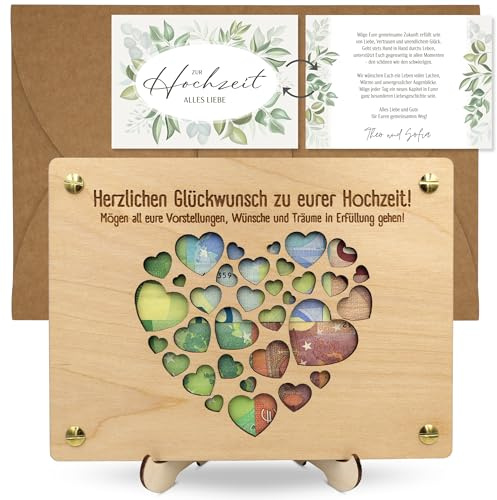 ZUKLA Verpackung für Geldgeschenke zur Hochzeit Herz XL 20 x 15 cm mit Umschlag - Hochzeitskarte Geldgeschenk Verpackung Holz - Hochzeitsgeschenk für das Brautpaar - Hochzeitsgeschenk Geld