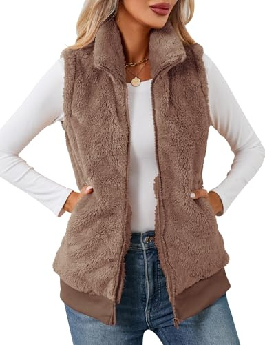 IECCP Teddy Fleece Gilet for Women Lightweight Cozy Gilets Sleeveless Zip-up Vest Fluffy Waistcoat Ladies Winter Soft Jacket with Pockets Fur Fuzzy Outwear Light Coffee,M
