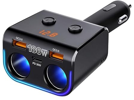 180W USB C Auto Ladegerät Zigarettenanzünder Verteiler Adapter Splitter Typ C KFZ Ladegerät 2 Fach, mit LED Voltmeter Schalter Dual USB +PD Port für Handy Tablet GPS Dash Kamera