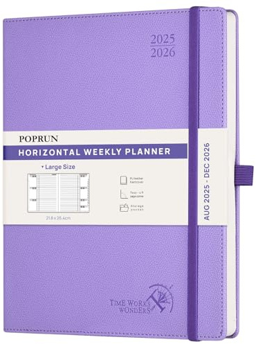 POPRUN Kalender 2025 2026 Horizontale Wochenplaner (Aug.2025-Dez.2026) Hardcover mit PU-Leder, ca. A4 (21.8x26,4 cm), 17-Monate-Terminplaner 1 Woche 2 Seite, Lavendel