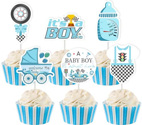 JOYMEMO 24 Stück Vintage Blue Race Car Baby Shower Cupcake Toppers - A Baby Boy is Almost Here Dekorationen, doppelseitiges Papier Let's Go Racing Car Tortendekor für Schwangerschaft Feier Neugeborene