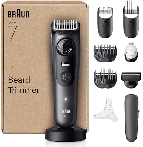 Braun Beard Trimmer Series 7, +12 Barbering Tools, Lifetime Sharp ProBlade, Up to 120 Min Runtime, 40 Lengths, Waterproof, PrecisionWheel & Lock, BT7545, Grey
