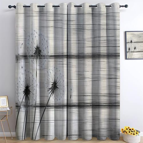 Blickdichte Grau Gardinen mit Ösen, Vintage Pusteblumen aus Holz handbemalt Muster Tülle Wärmeisolierende Vorhänge Büro, H245 x B100 cm (2er Pack) Polyester Wohnzimmer Dekoration Kinder Ösenschal
