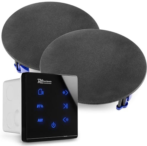 Power Dynamics Powerline A50B - Pack con Amplificador de Pared con Panel táctil, Bluetooth 5.0 y Reproductor MP3 USB/Micro SD, 2 Altavoces de Techo Negros 6,5 y Cables de 10 m incluidos