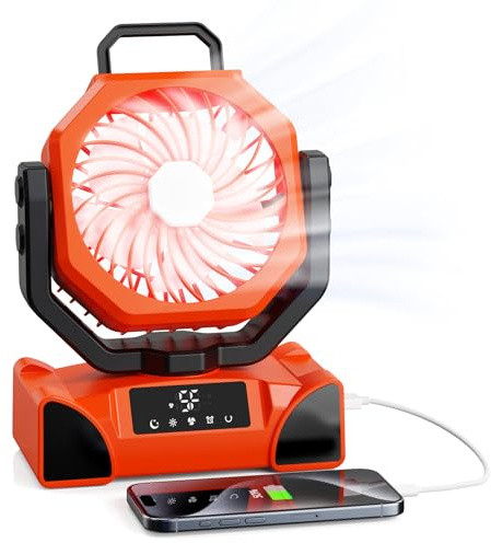 OUWANCH Ventilador de camping 20000mAh USB con luz LED, control remoto, oscilante, 5 velocidades, temporizador, gancho para tienda, picnic, viajes, oficina