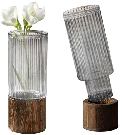 Glass Vase Cylindrical Smoked Grey Flower Vase with Wooden Base Plant Vases for Pampas Grass Dried Flowers, Boho Rustic Style Vases for Wedding Home Decor Table Centerpieces 10Inch/25Cm Tall (Ribbed)