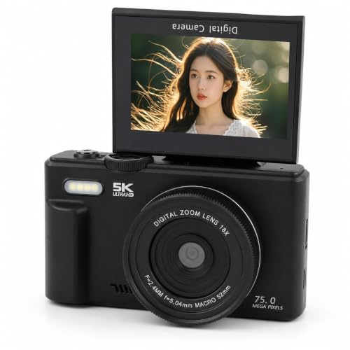 5K Digitalkamera, 75MP WiFi Vlogging Camera med 18x Optical Zoom & 3 i Flip Screen för Fotografering, YouTube och Resor (BLACK)