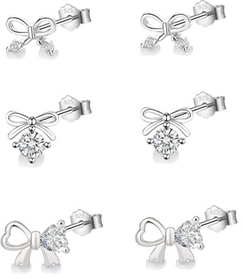 HinDaLi 3 par silver 925 sterling silver damer flickor unisex öronhänger hjärta zirkonia slipning knutar rosett stiftset diamant små öronhänger, 7mm 8mm 10mm