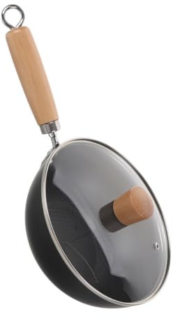TOPPERFUN Wok Chino Tradicional Wok Sartén Pequeña De Hierro Fundido Bote Sartenes Para Saltear Sartén De Hierro Fundido Con Tapa Bandeja Madera Negro