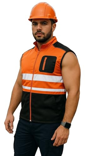 Inspire Me Mens Hi Viz Bodywarmer Fleece Lined Hi vis Reflective Workwear High Visibility Security Safety Wear Warm Gilet Waistcoat Body Warmer Padded Vest (Orange, XL)