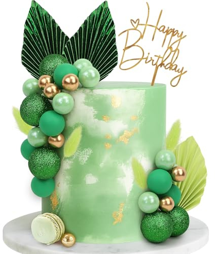 30Pcs Green Balls Cake Toppers Palm Leaves Birthday Cake Decorations Foam DIY Leaf Cake Insert Boho Green Glitter Mini Balloon Cupcake Insert for Boy Man Birthday Party Decor