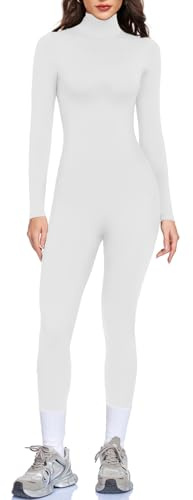 VUTRU Monos deportivos para mujer, largos y ajustados, de yoga, sin costuras, de forro polar, cuello alto, sexy, de una pieza, beige, S
