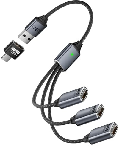 QIANRENON Cable de extensión USB 2.0 3 en 1 1 1 en 3 USB 2.0 macho a 3 hembra, 480 Mbps 5V3A, con adaptador A a C que se extiende a tipo C macho a 3 USB hembra, para cargar transferencia de datos OTG