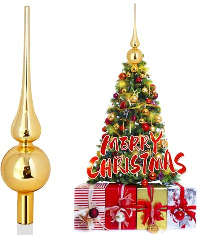 SKYYUE Christbaumspitze Glas Weihnachtsbaumspitze Matt Christbaumspitze Gold 26 cm Christbaumschmuck Spitze, Baumspitze Weihnachten Tannenbaum Spitze Gold Christmas Tree Topper (Gold Glänzend)