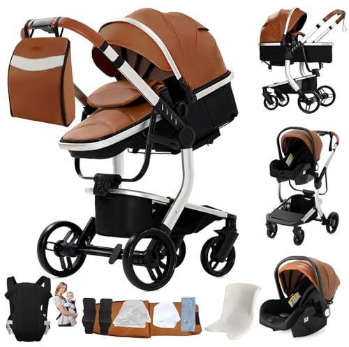 Veitoalioy Pelle PU Passeggino Trio, Trio Neonati con Accessori, Carrozzina per Neonati con Design Portatile Pieghevole Un Clic, Passeggino 3 in 1 con Spinta Reversibile a Due Vie (M518 Khaki)