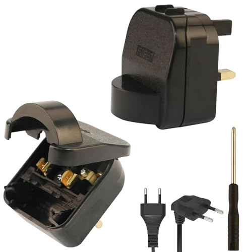 2 Pack EU to UK Plug Adapter with 13A Fuse, 2 Pin to 3 Pin Adapter Plug UK, Converter Plug EU to UK For Type E/F, Toothbrush Adapter Plug with Screwdriver, Black