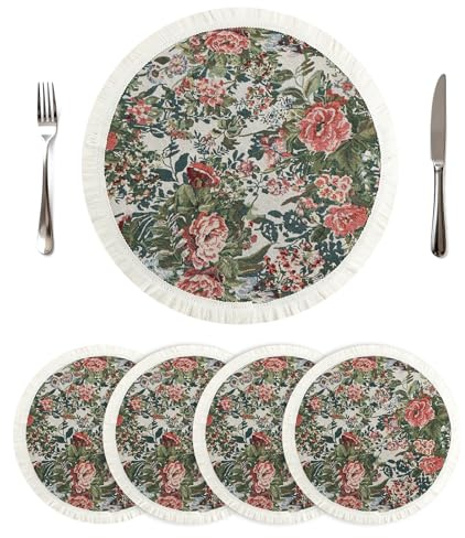 Komforbaa Set di 4 tovagliette rotonde, 38 cm, con frange di poliestere, stile boho, stile rustico, lavabili, robuste, tovagliette da cucina, vintage, rosa, fiori