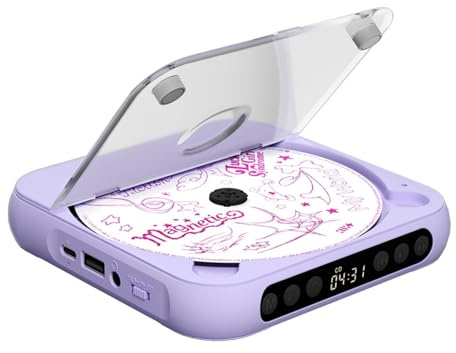 Plyisty Bluetooth CD Player with Dual Stereo Speaker, Rechargeable Portable Music Player, Support CD/AUX/USB, with Earphones, for Home Car (Purple)