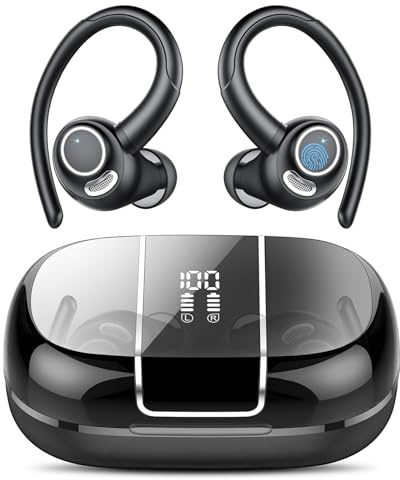 Sport Wireless Earbuds, 48H Bluetooth 5.3 Headphones with Earhooks, ENC Mic | Secure Fit Design, Hi-Fi Bass Ear Buds, IPX7 Waterproof Earphones for Running, Gym and Cycling, Workouts, LED Display/USB-C